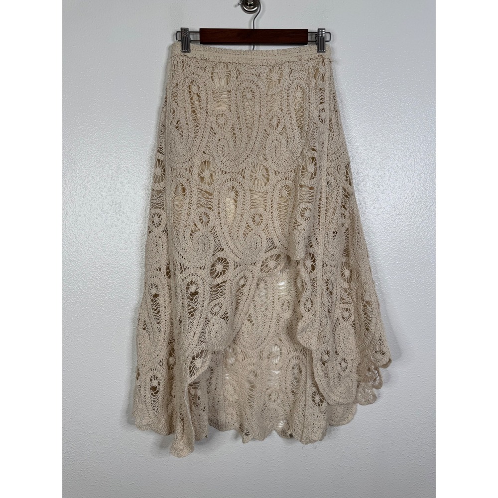 POL Crochet Lace Maxi Skirt Cream Boho Asymmetrical High Low SMS138 One Size